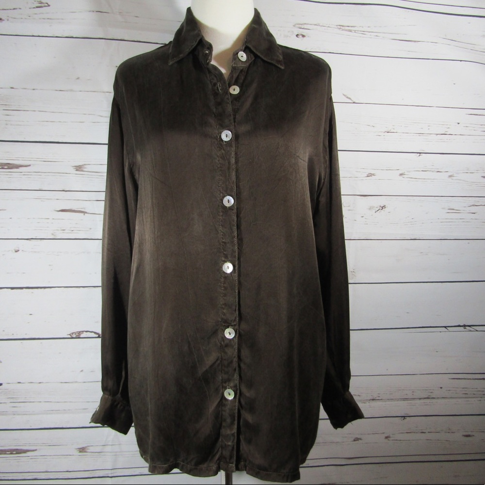 Silky brown button down tunic length shirt